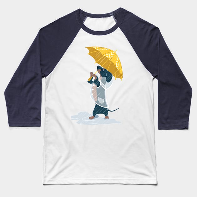 Ready For a Rainy Walk // print // dachshund dog with yellow umbrella and transparent rain coat Baseball T-Shirt by SelmaCardoso